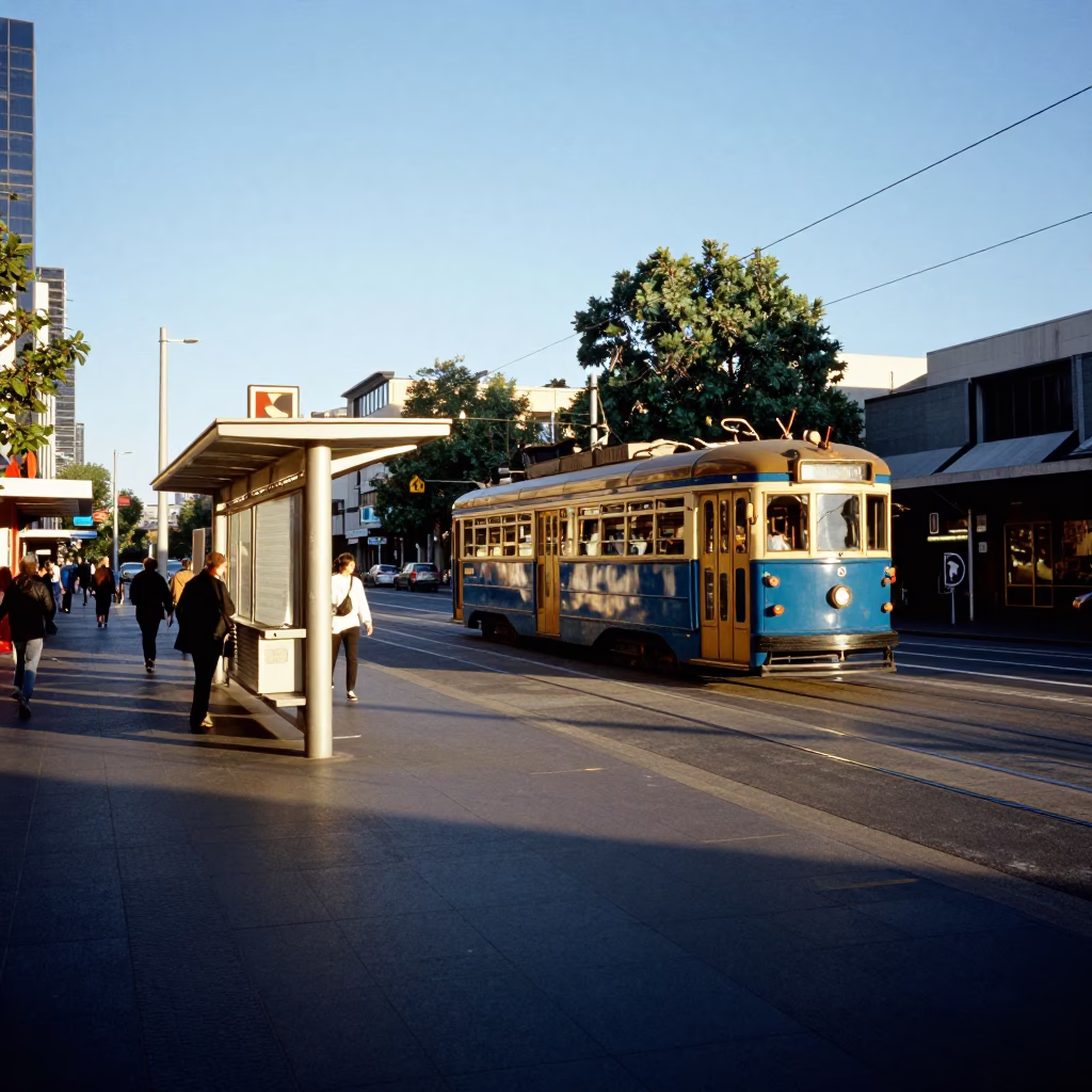 Clear Late-afternoon Light on Tram Stop in Melbourne in in Melbourne, Victoria, Australia