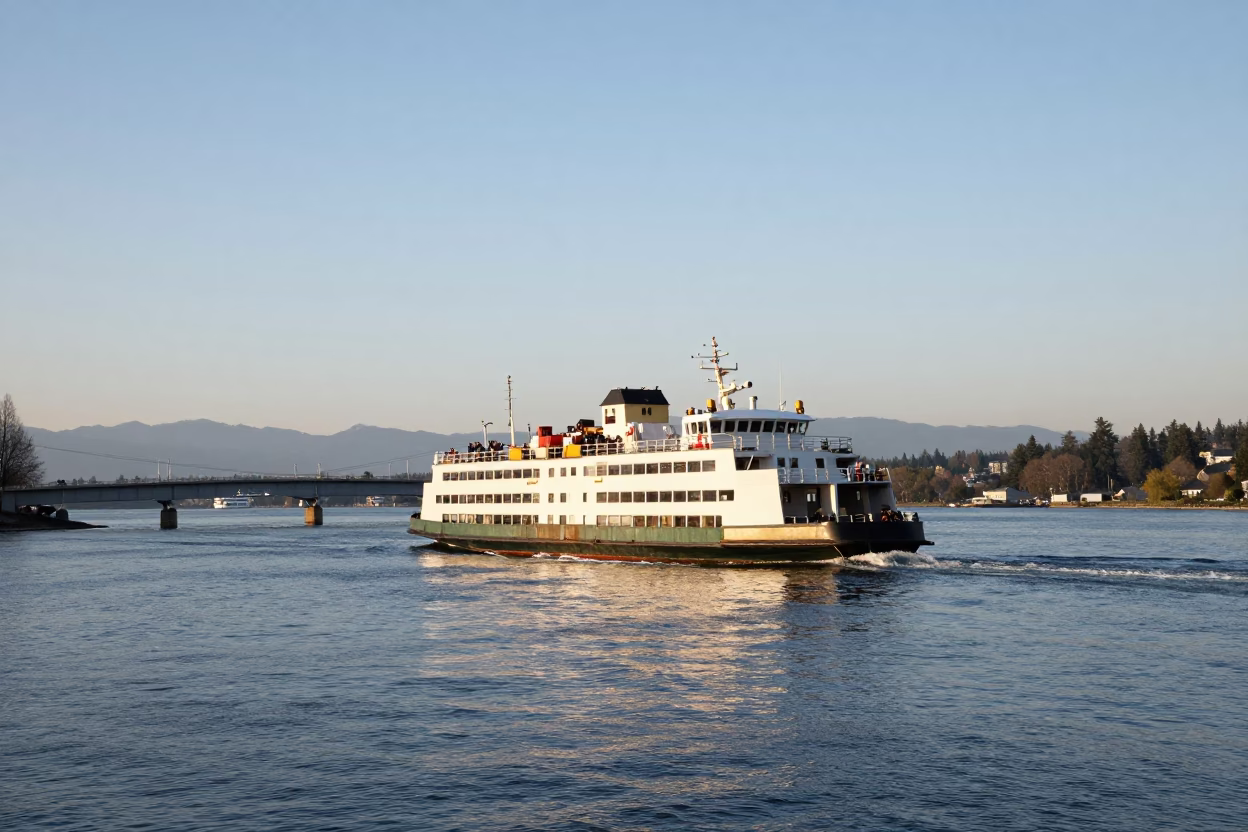 Clear Late Afternoon Light on Vancouver British Columbia Chain Ferry Crossing Wide River in in Vancouver, British Columbia, Canada