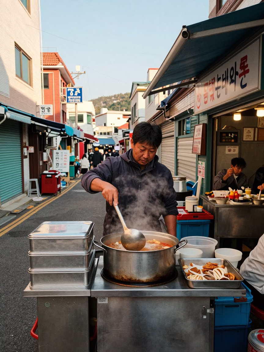 Clear Late-afternoon Light on Vendor Scene in Busan in in Busan, South Korea