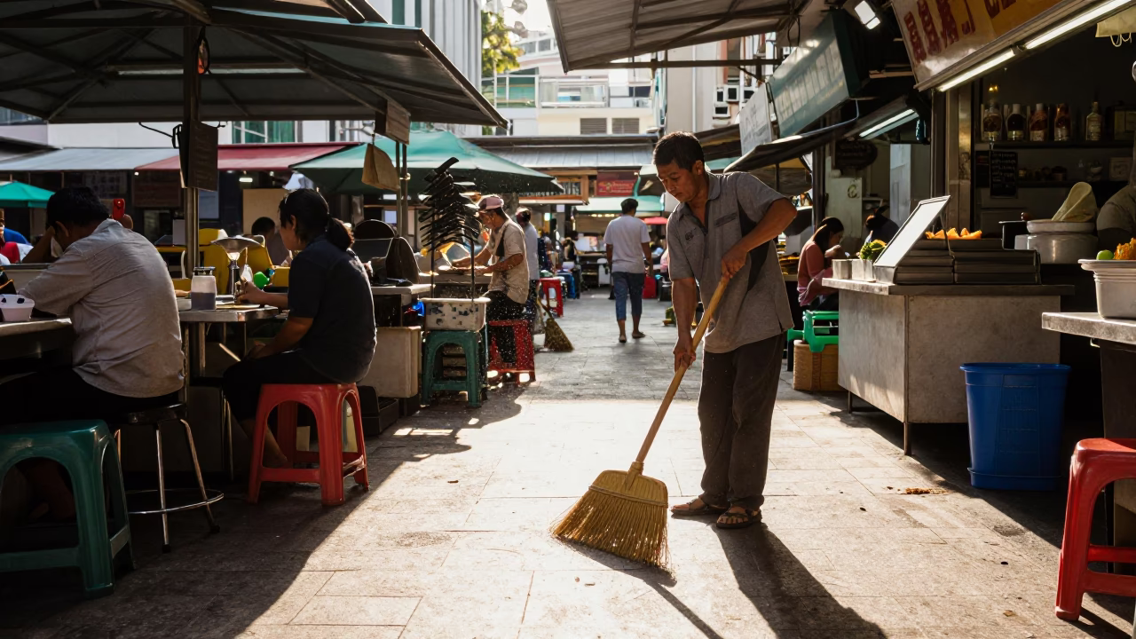 Clear Late-afternoon Light on Worker Cleaning in Singapore in in Singapore, Singapore