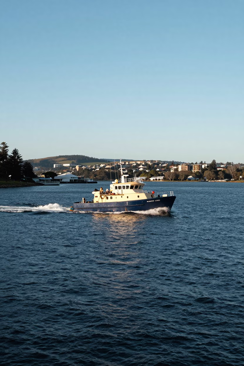 Clear Late Afternoon Light Over Hobart Tasmania Harbor Entrance Pilot Boat in in Hobart, Tasmania, Australia