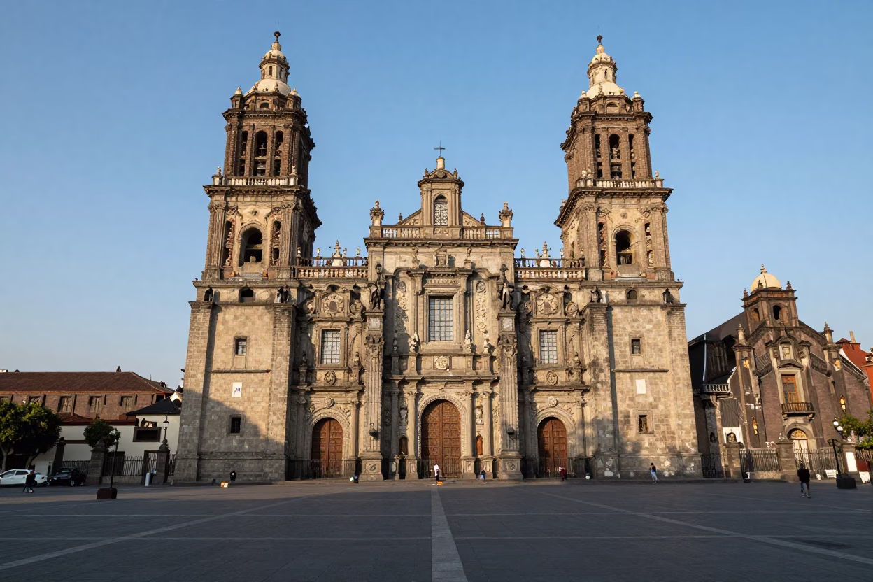 Clear Late Afternoon Light Over Mexico City Metropolitan Cathedral and Zocalo Plaza in in Mexico City, Mexico