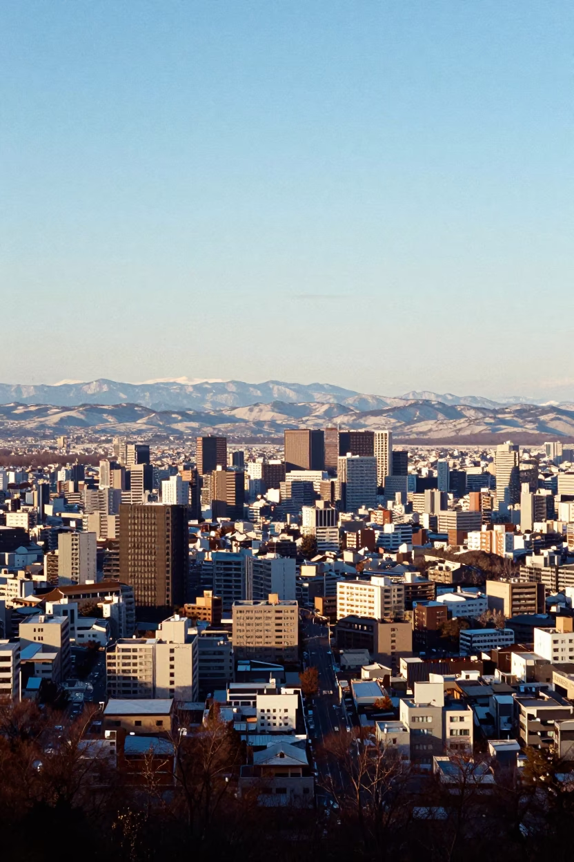 Clear late afternoon light over Sapporo Japan urban landscape and horizon shot in in Sapporo, Japan