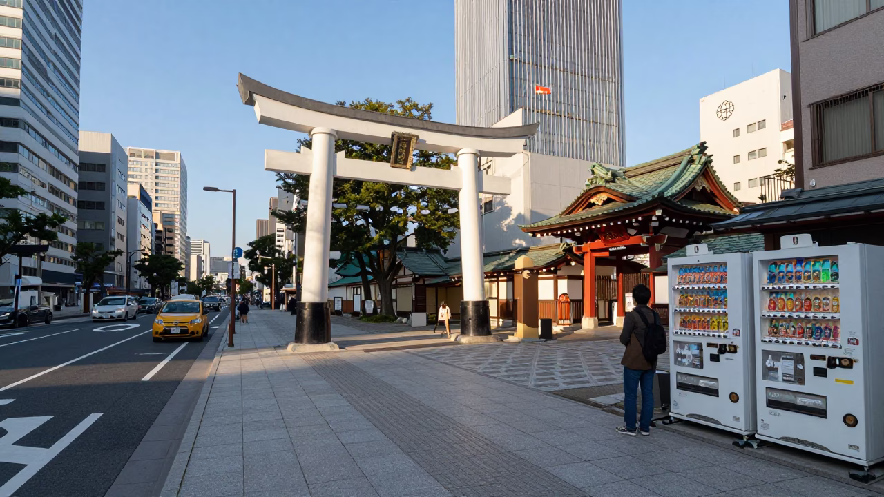 Clear Late Afternoon Street Scene in Fukuoka Japan with Urban Details in in Fukuoka, Japan