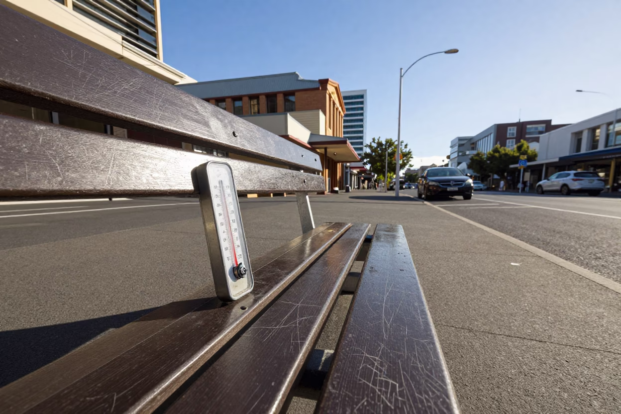 Clear late-afternoon street scene in Hobart Tasmania with thermometer and scratched wood in in Hobart, Tasmania, Australia