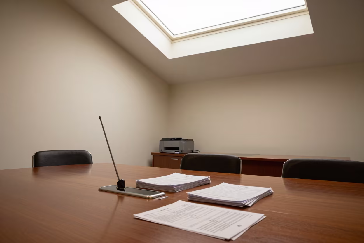 Clearing Document Jam Before Board Meeting in at a boardroom table before a meeting in Leon