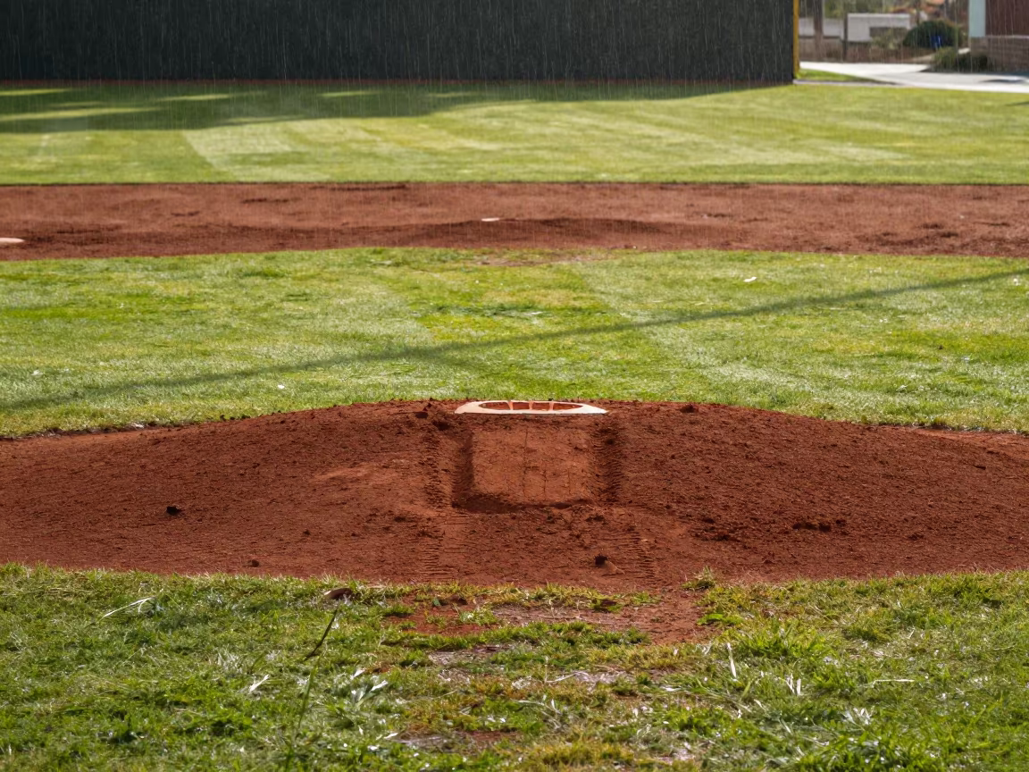 Cleat marks on baseball mound in drizzle in at a roadside stop near Alcalá de Henares