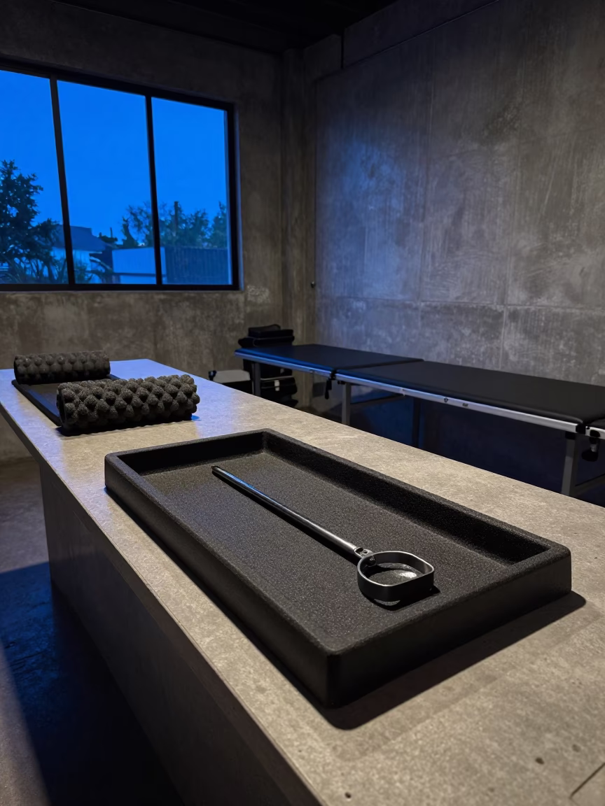 Cleat Washer Tray in Blue Hour Recovery Lounge in inside a recovery lounge beside foam rollers near Puebla