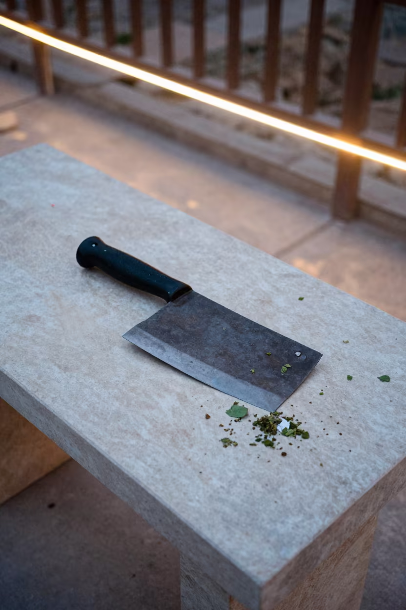 Cleaver on Soapstone Before Dawn in on a pier railing in Taldyqorğan