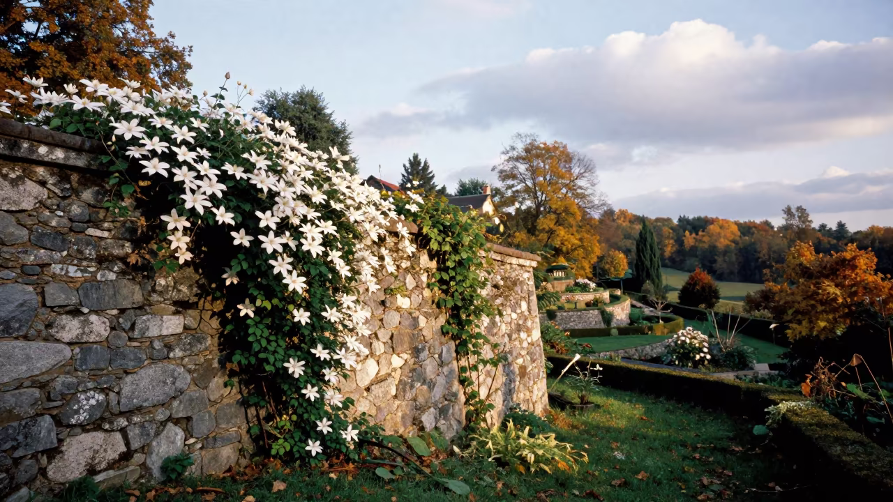 Clematis Vine Climbing Stone Wall in Polish Garden in among terraced garden plots near Koszalin