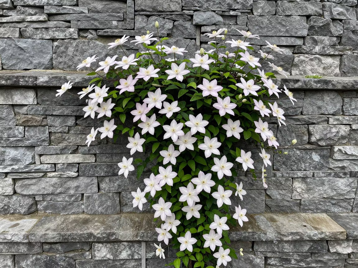Clematis Vine on Stone Wall Mississippi in among terraced garden plots in Mississippi