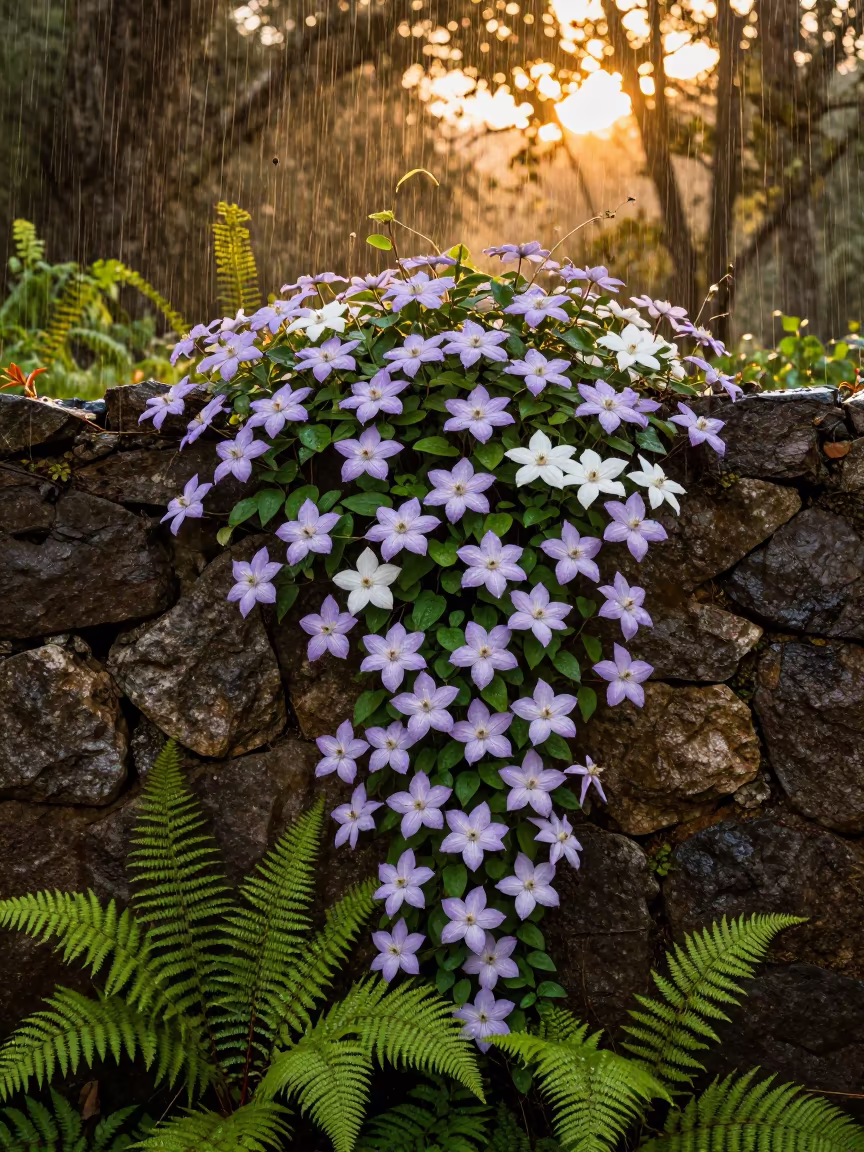 Clematis Vine Draping Stone Wall in Togo Forest in on a fern-lined forest floor in Togo