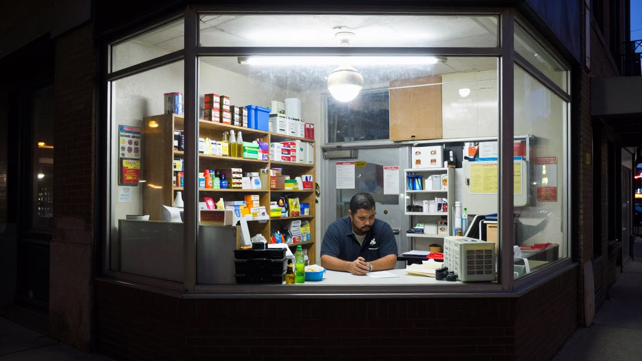 Clerk after dark in Chicago in in Chicago, Illinois, United States