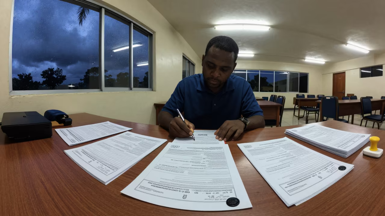 Clerk Assembles Permits Under Neon Light at Midnight in in a fluorescent town hall meeting room near Pemba