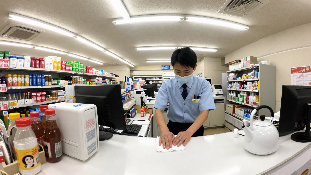 Clerk Cleaning in Tokyo at Deep In The Night Light in in Tokyo, Japan