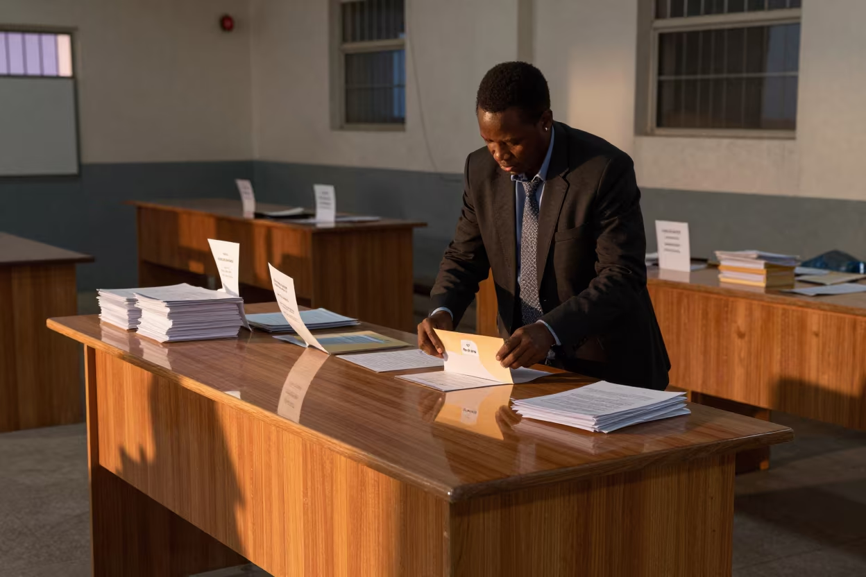 Clerk sorting ballots in glass office in in a community center hall in Fort-de-France