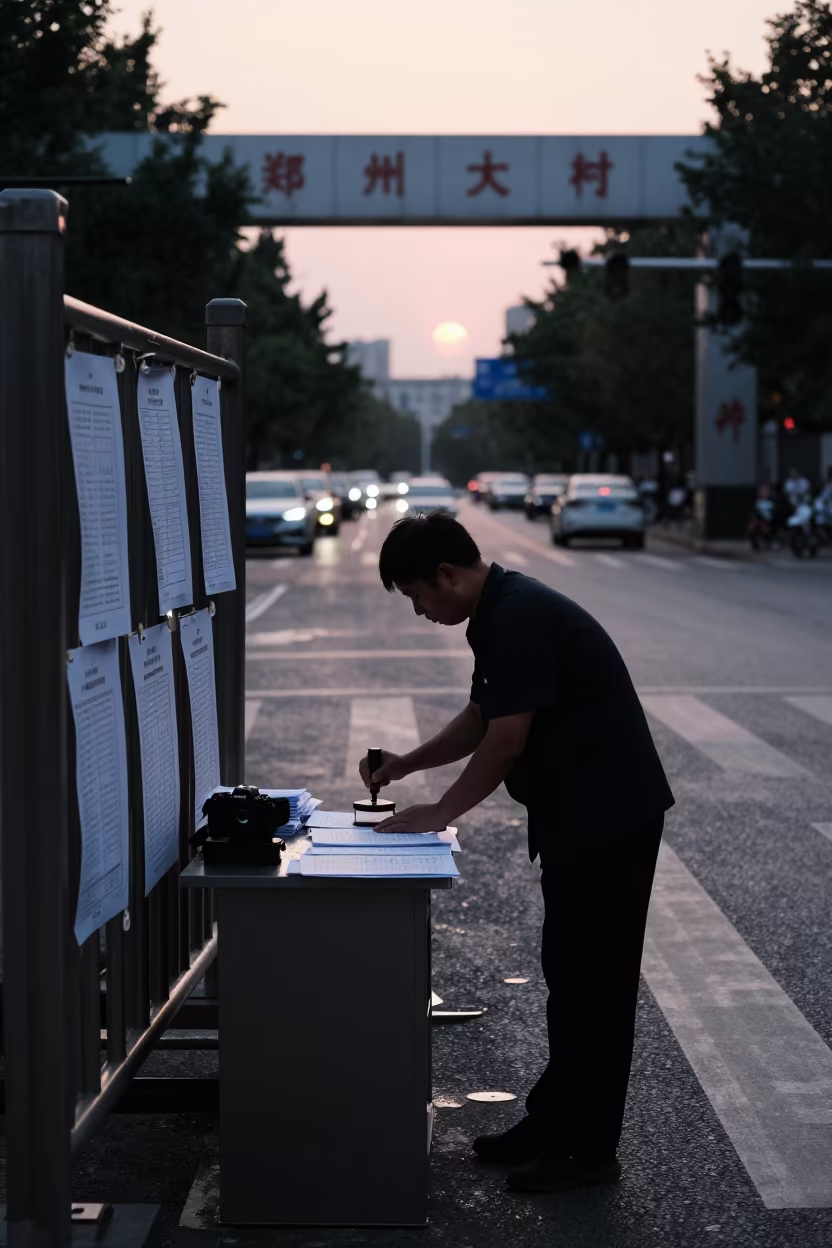 Clerk Stamping Permits at School Gate in at a crosswalk by a school gate in Zhengzhou