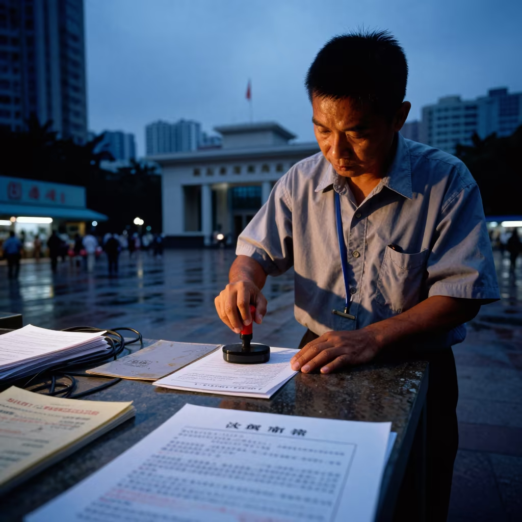 Clerk Stamps Permits in Hong Kong Blue Hour in in a public square in Hong Kong