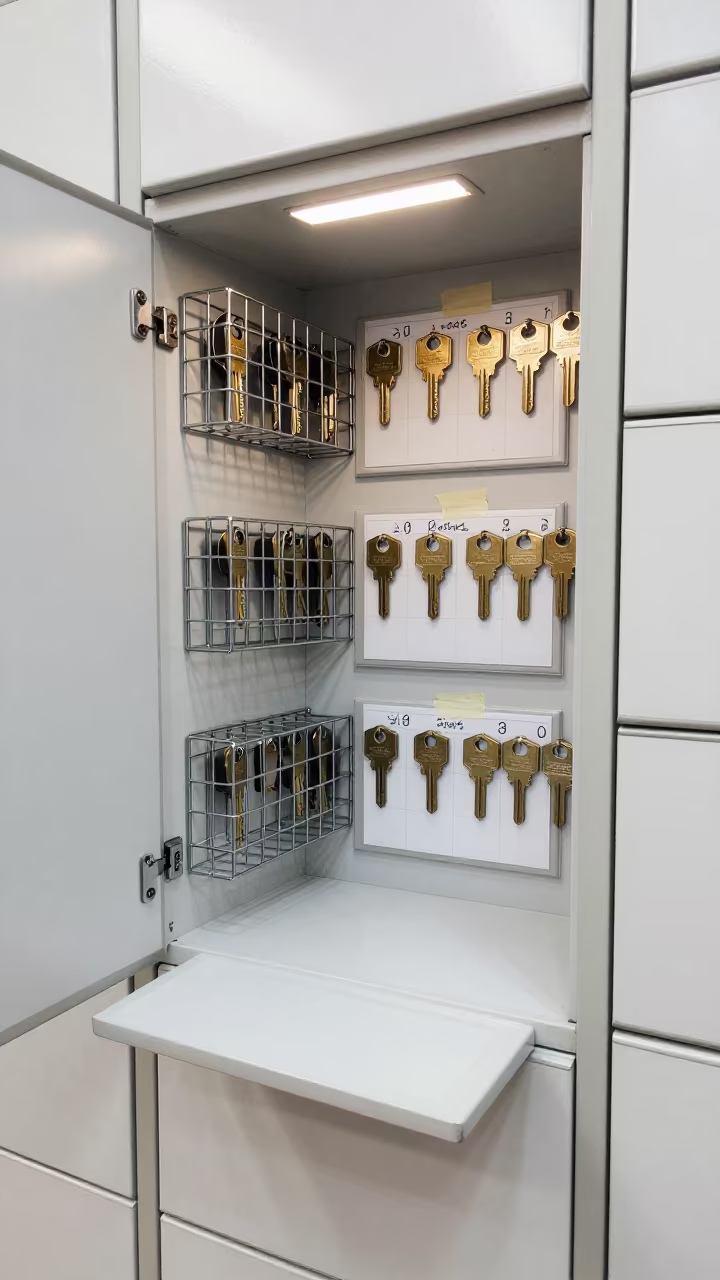 Click and Collect Locker Key Drawer in Muzaffarpur Store in inside a storefront prepared for opening in Muzaffarpur