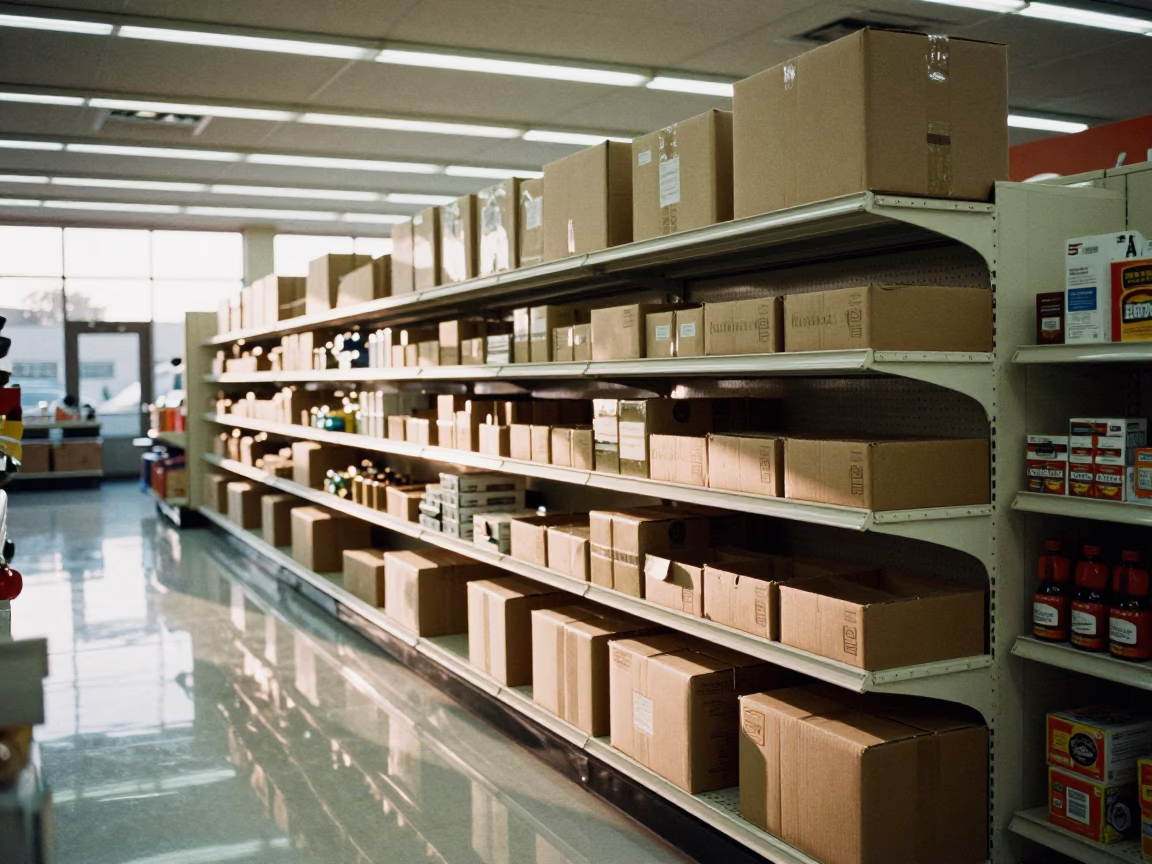 Click and Collect Shelf Under Fluorescent Light in at a checkout lane under flat store light near San Antonio