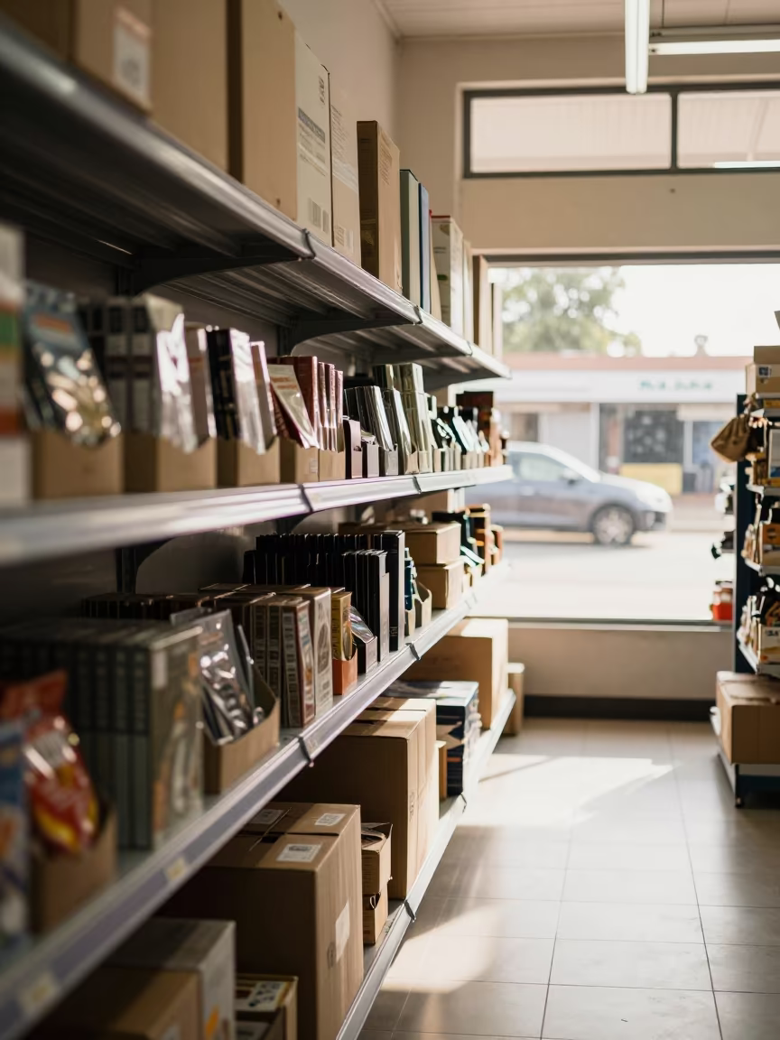 Click and Collect Shelf in Libreville Retail Aisle in inside a bright retail aisle in Libreville