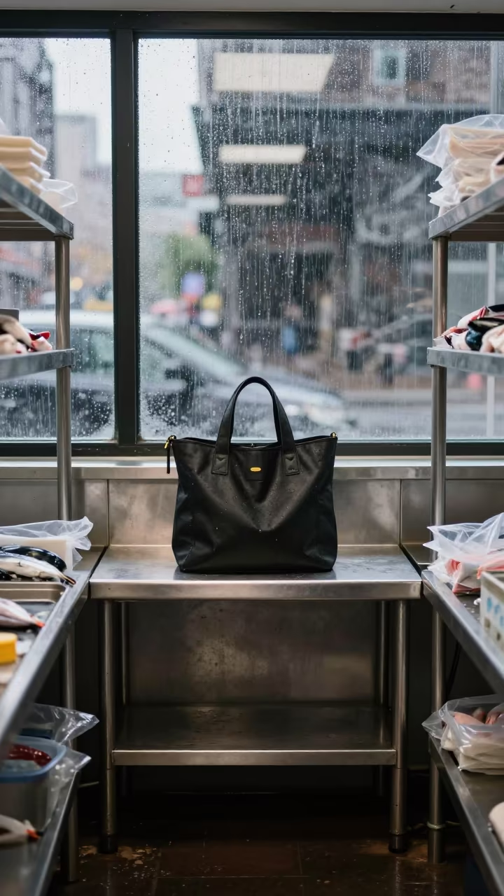 Clicker Tote on Fish Bagging Counter at Dawn in inside a fish bagging counter zone in New York