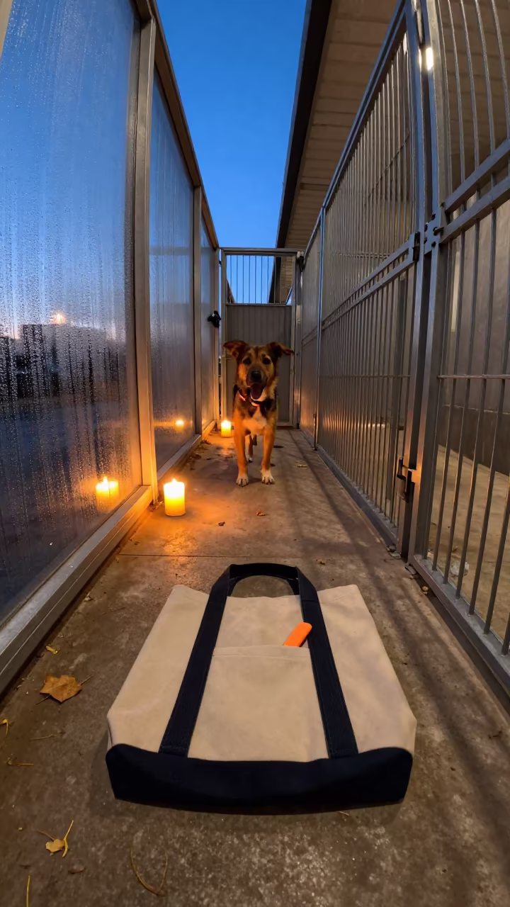 Clicker Tote in Kennel Corridor Twilight Glow in in a boarding kennel corridor near Glasgow