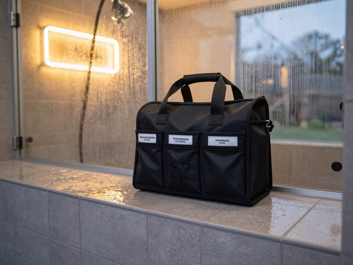 Clicker Tote at Wellington Dog Wash Evening in at a self-serve dog wash station in Wellington