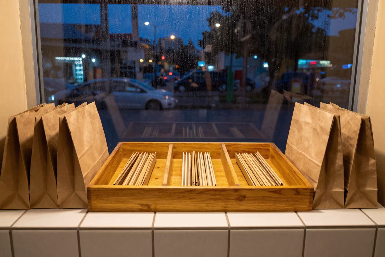 Clicker Tray on Cash Wrap in Lome in at a cash wrap counter with bags stacked nearby in Lome