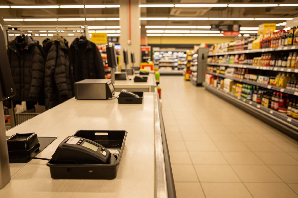 Clicker Tray Zadar Checkout Lane Winter Evening in at a checkout lane under flat store light in Zadar