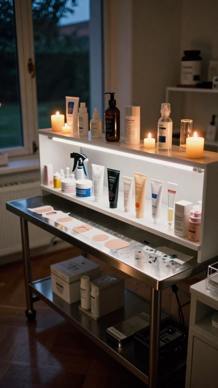 Client Patch Test Shelf in Beauty Supply in in a beauty supply area under white LEDs near Riga