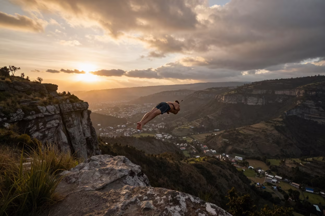Cliff Diver Plunges Over Guapulo Valley Floor in across a wide valley floor near Guapulo, Quito