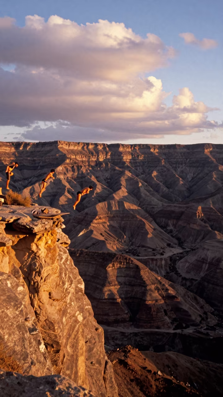 Cliff Divers Leap Over Peruvian Foothills at Sunset in from a ridge above layered foothills in Peru