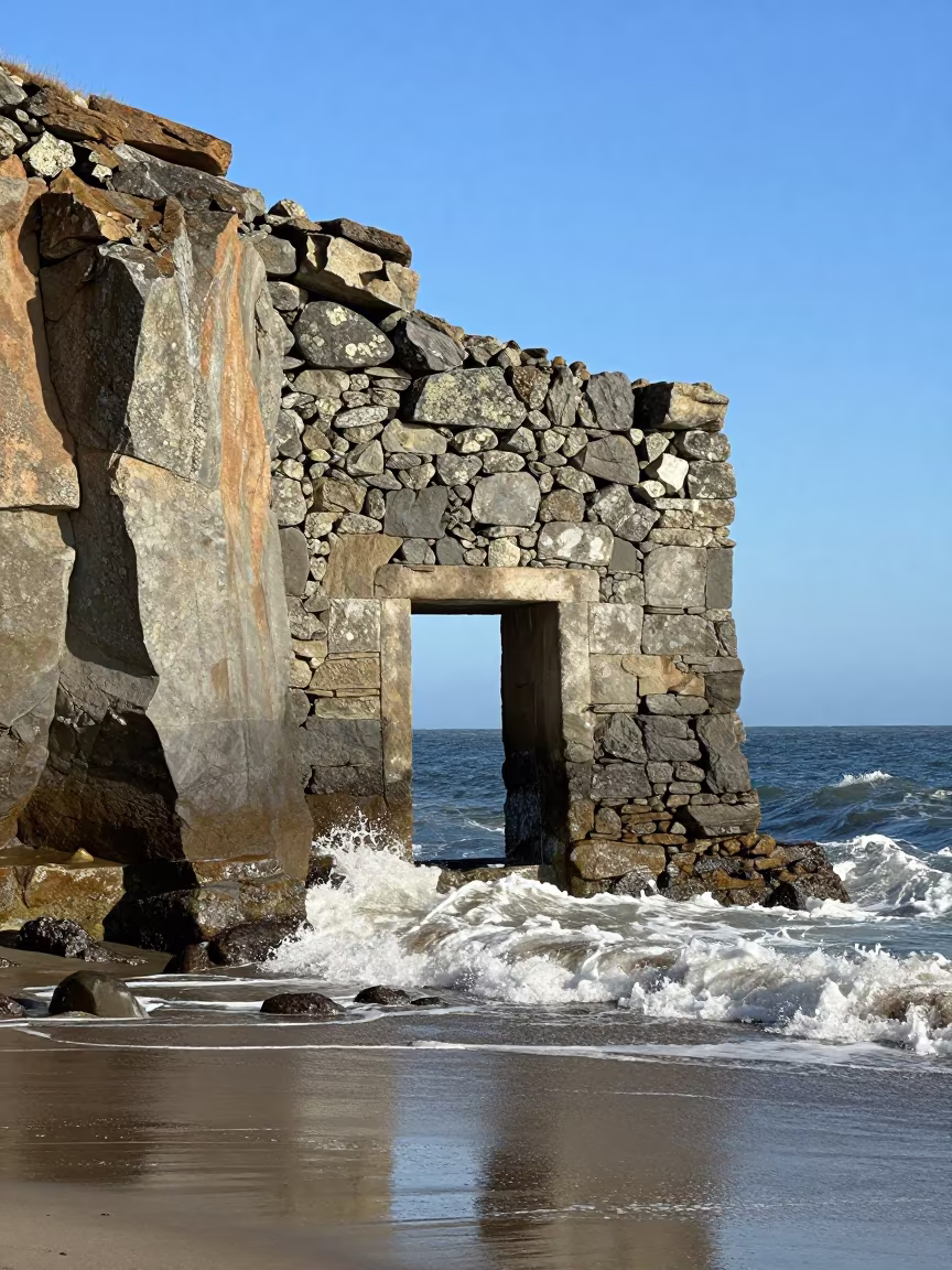 Cliff Dwelling Doorway Open Ocean Chile in across a floodplain after rain in Chile