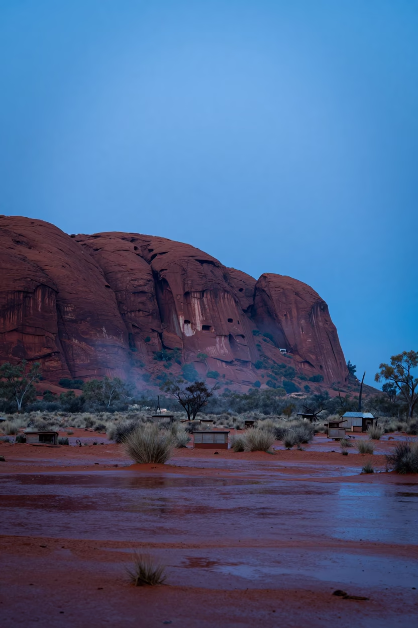 Cliff Dwellings on Mesa After Rain Blue Hour in across a floodplain after rain near Alice Springs