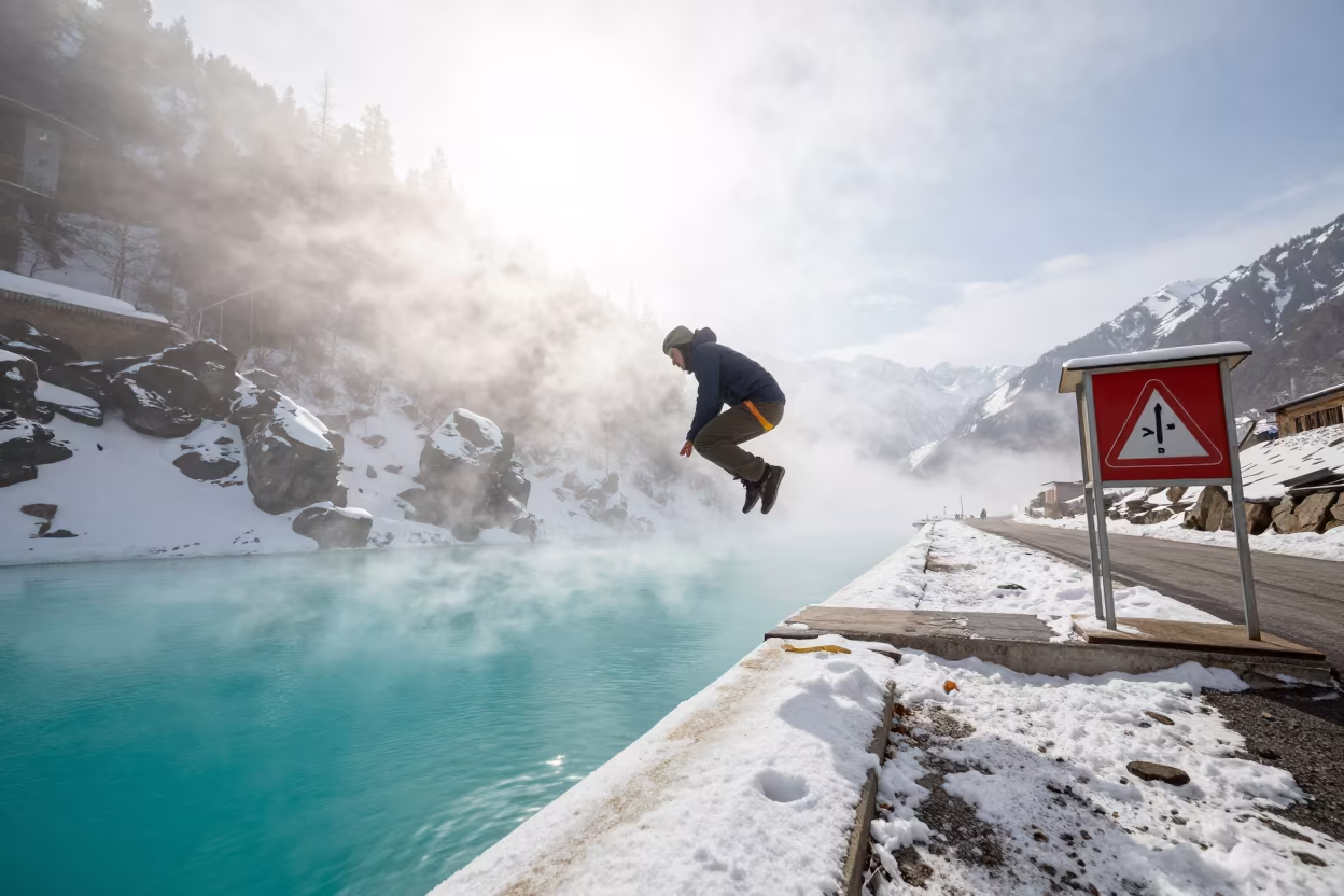 Cliff Jumper Mid Leap Over Turquoise Winter Pool in at a roadside stop near Almaty