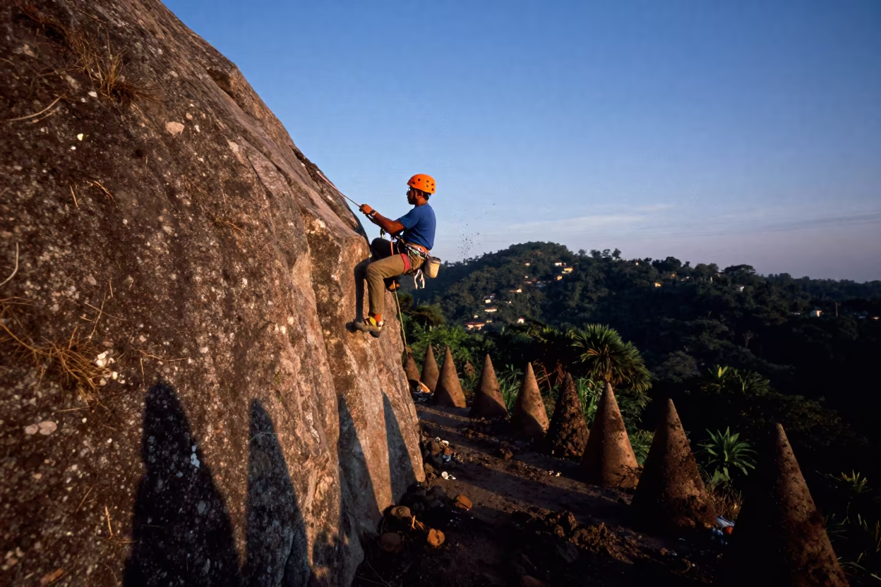 Climber on Belay Ledge Amid Muddy Cones in on a hillside near Manila