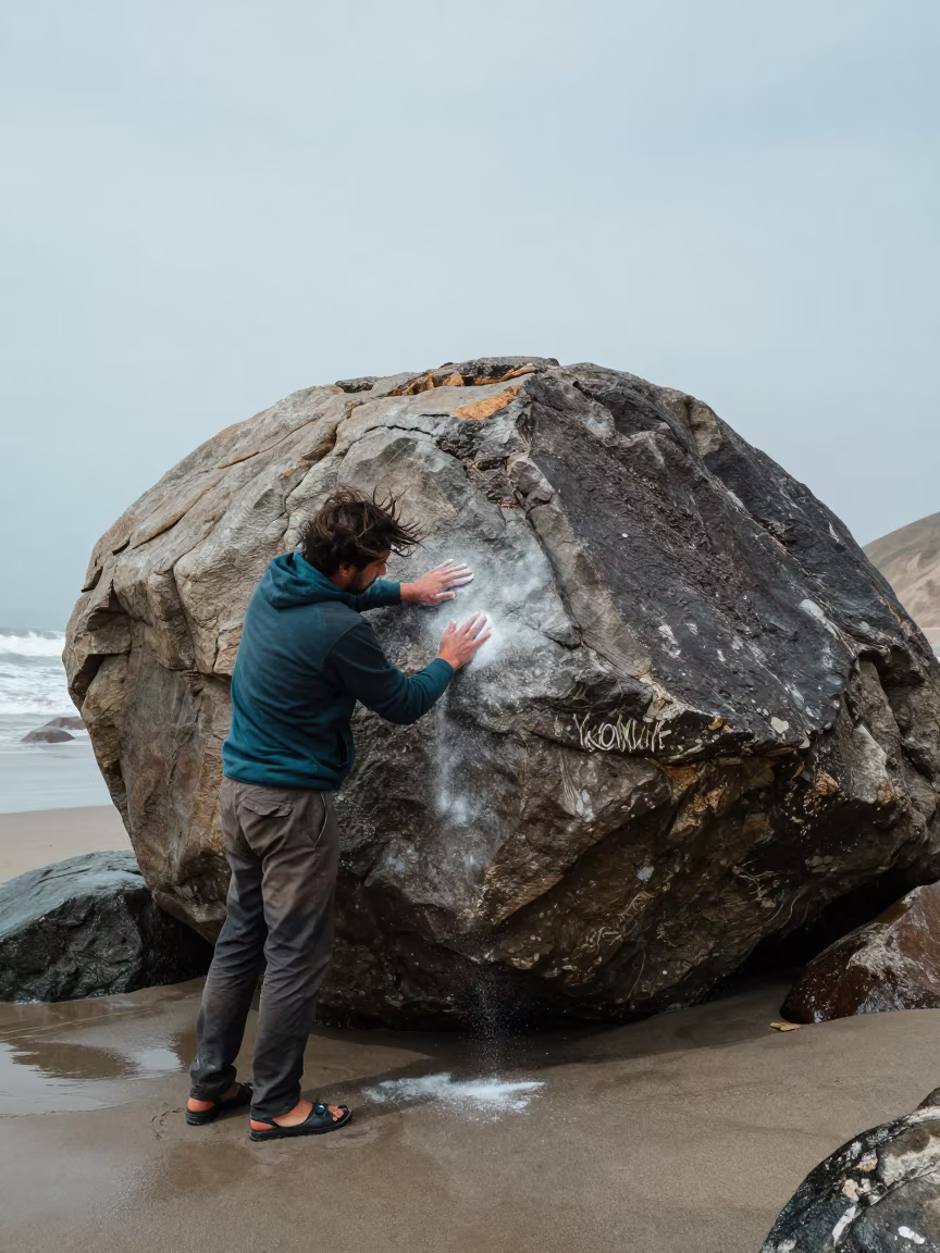 Climber Chalking Hands on Beach Boulder Noon in along a beach near Chimbote