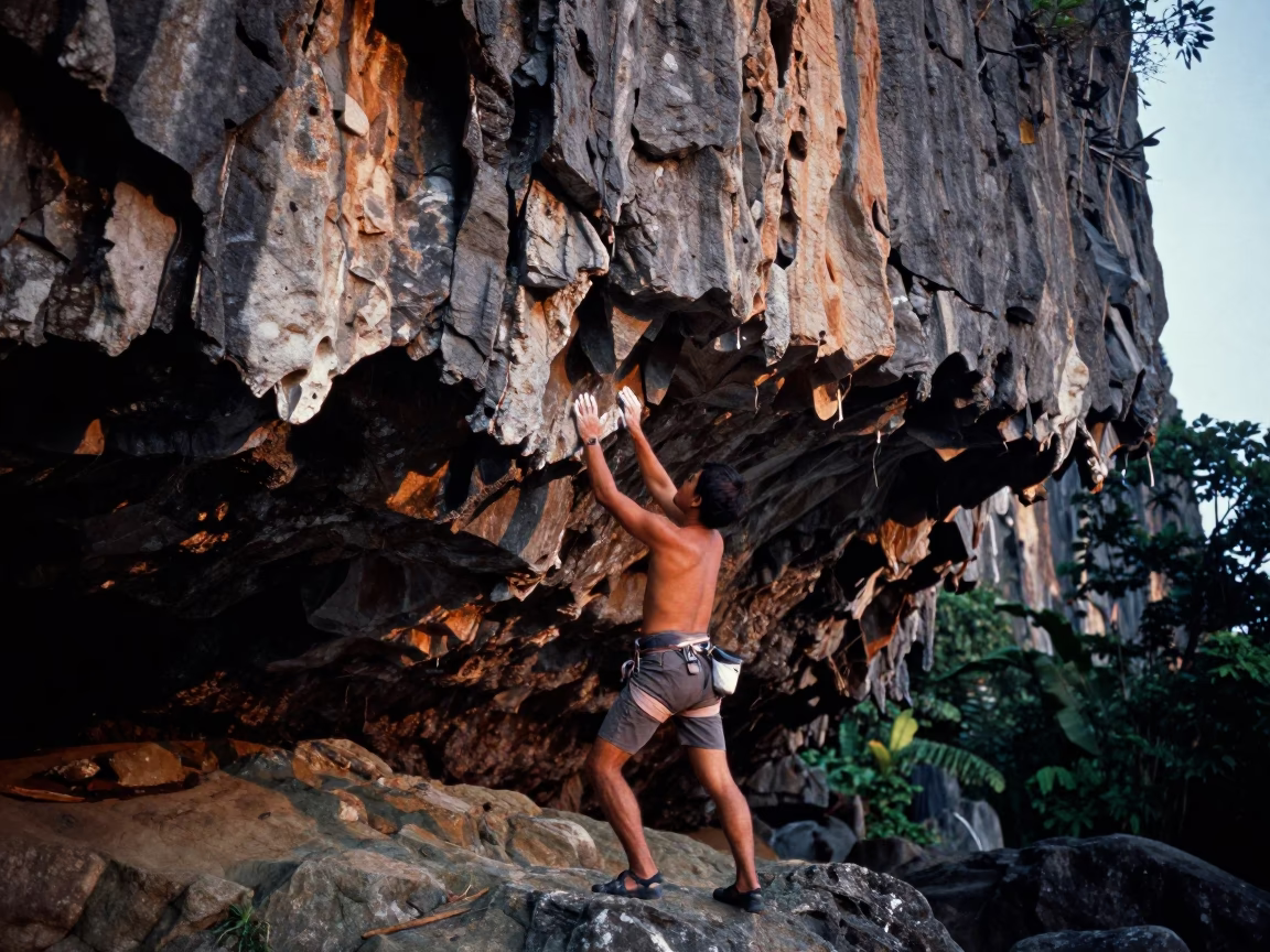 Climber Chalking Hands Beneath Limestone Wall at Nautical Dawn in Phuket Thailand in in Phuket, Thailand