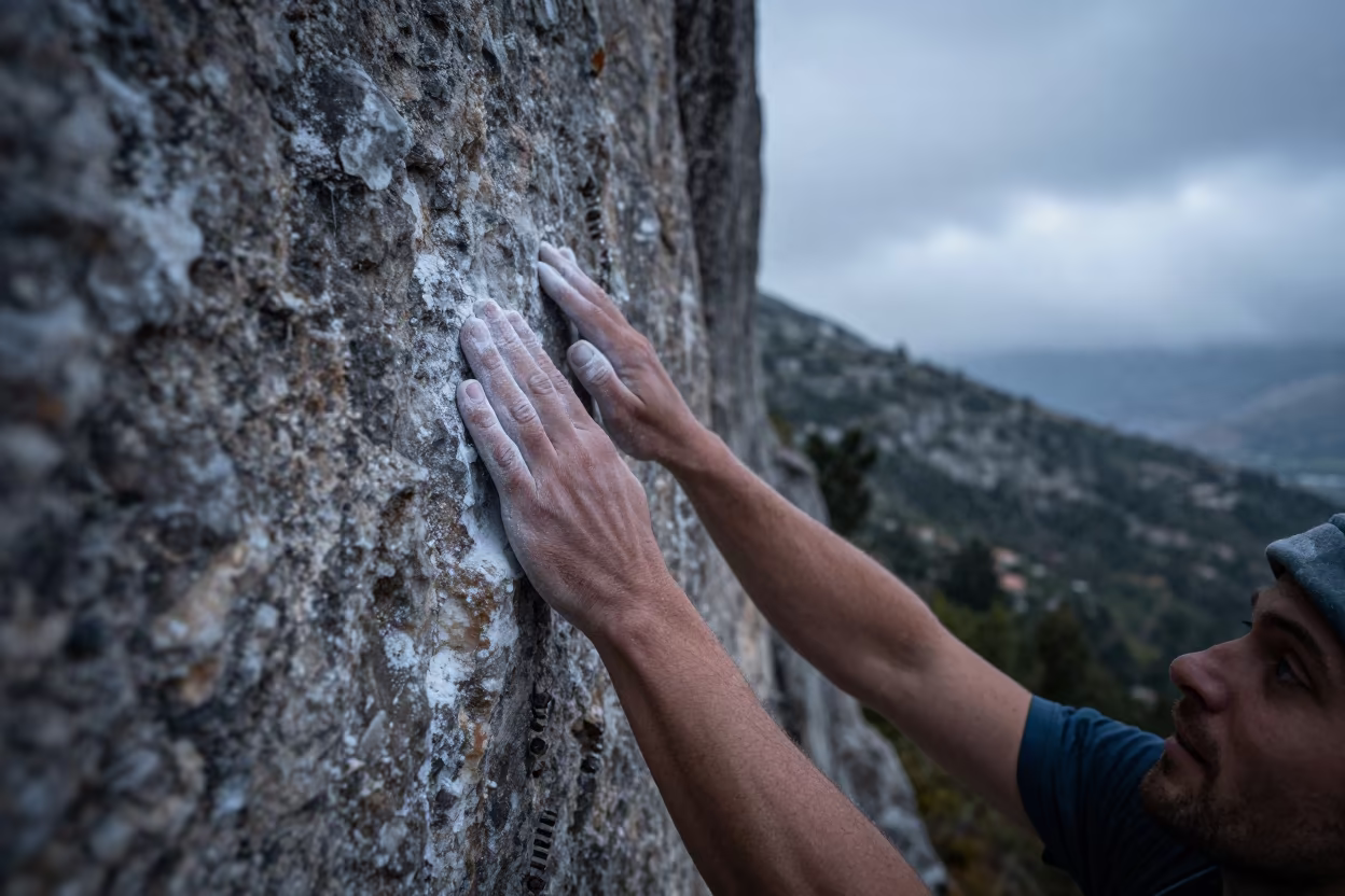 Climber Chalking Hands Under Corfu Limestone at Dawn in on a hillside near Corfu