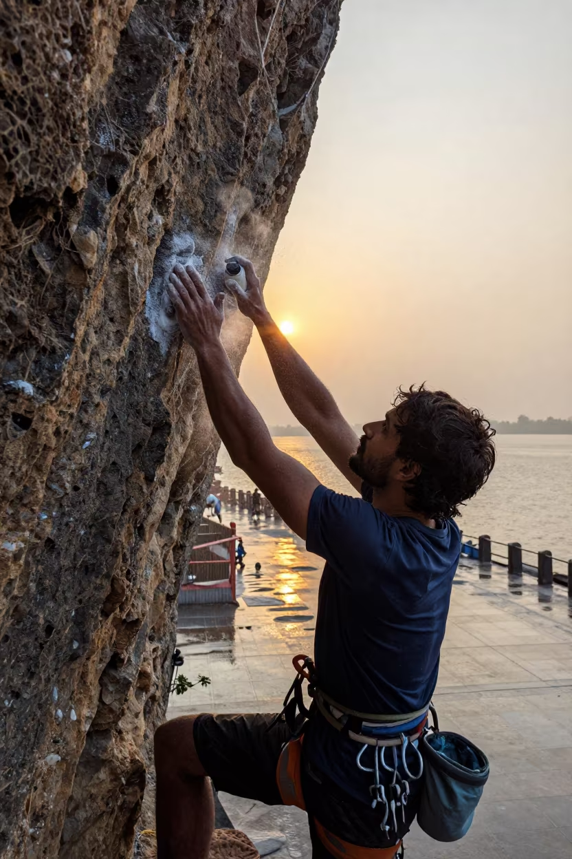 Climber Chalking Hands Harbor Quay Sunrise in at a harbor quay near Gandhinagar