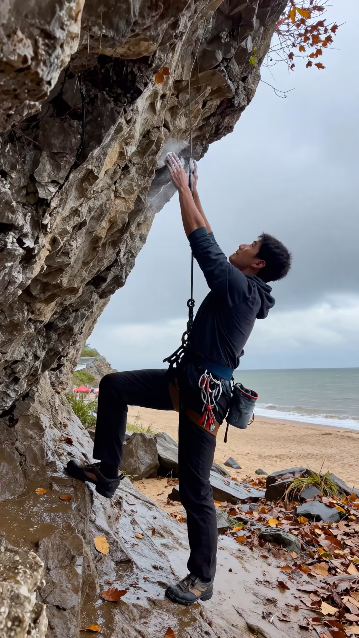Climber Chalking Hands Under Limestone Overhang in along a beach near Sheikhupura