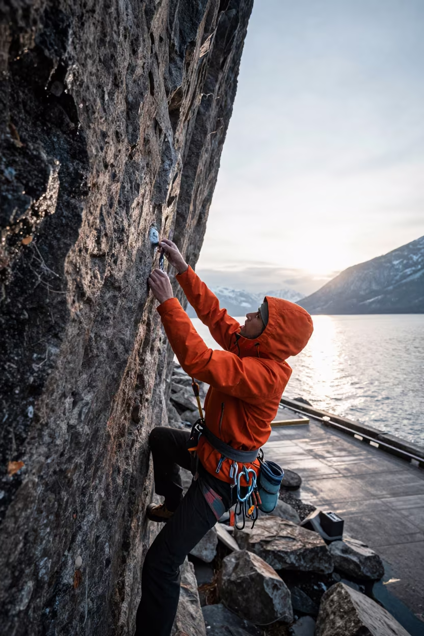 Climber clipping bolt on harbor quay overhang in at a harbor quay near Banff