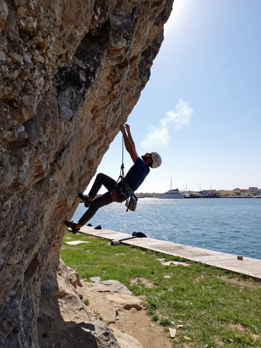 Climber Clipping Bolt at Harbor Quay in at a harbor quay near Kafr el-Dawwar