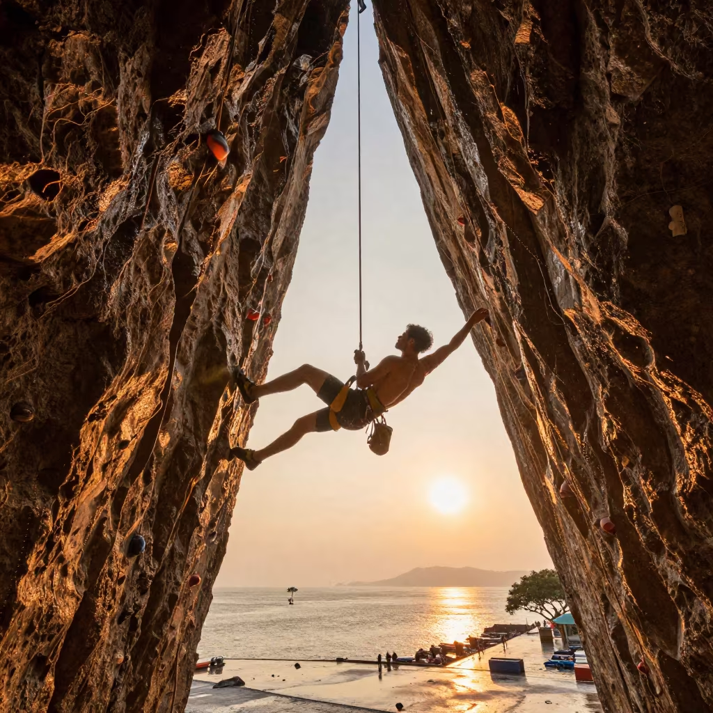Climber Clipping Quickdraw at Harbor Quay in at a harbor quay near Bucaramanga