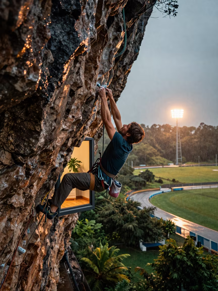Climber clips bolt window indoor view in near open fields near Brazzaville