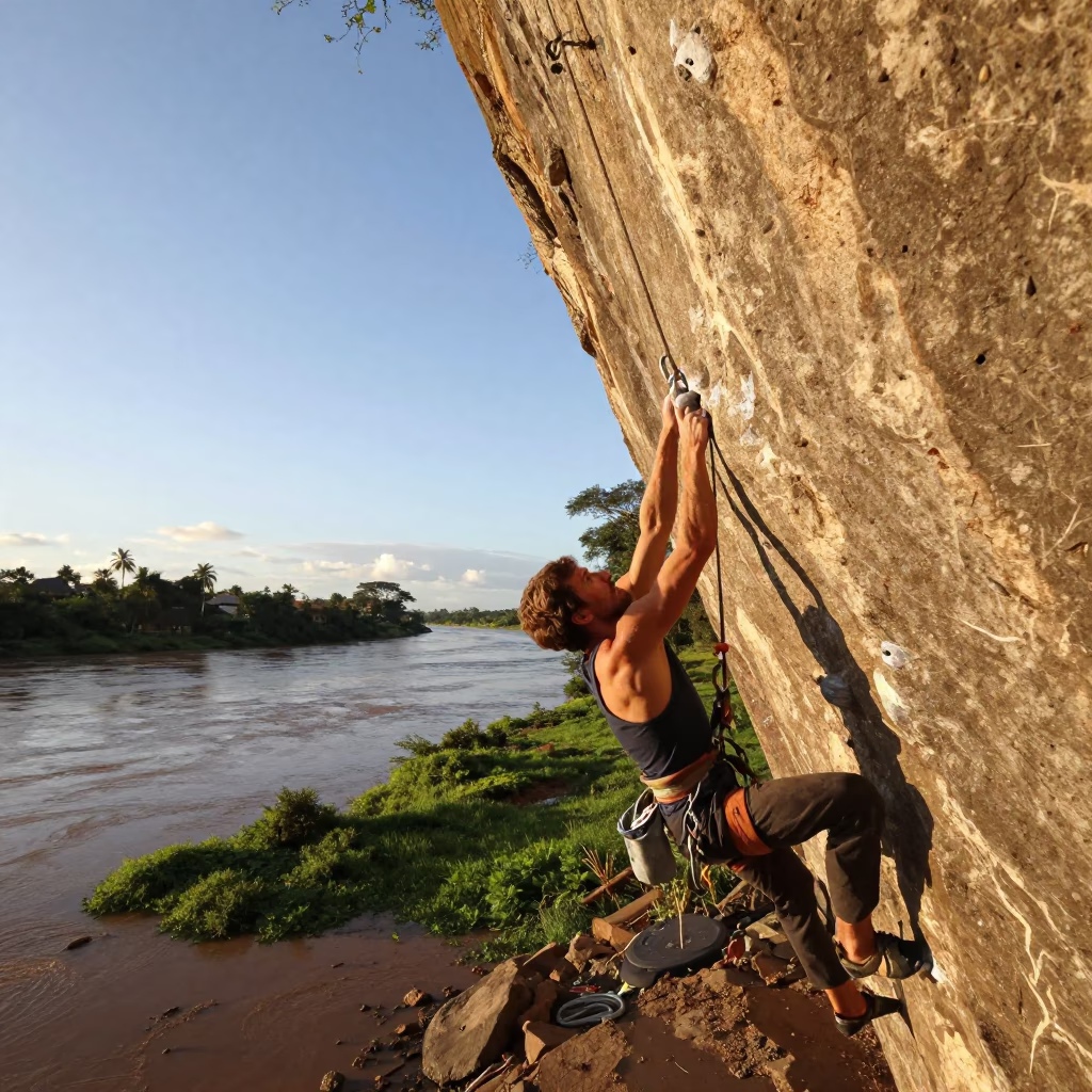 Climber Clips Final Draw at Riverbank Wall in by a riverbank near Mwanza