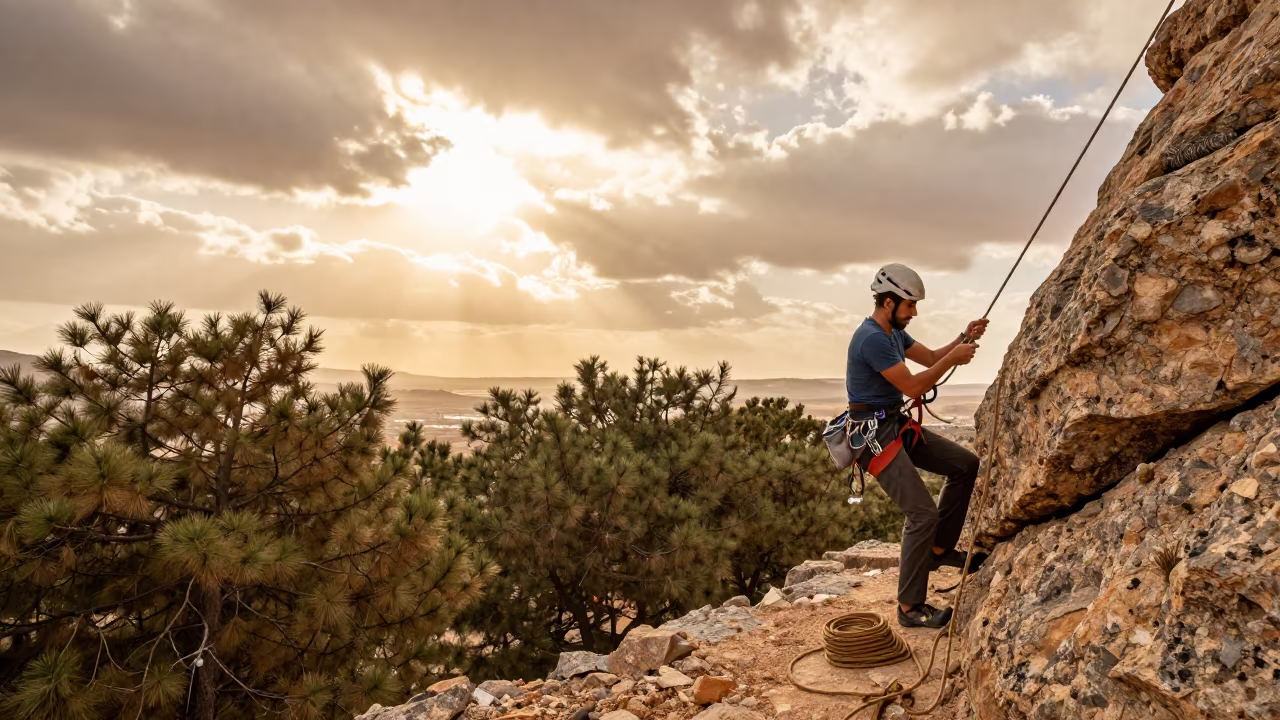 Climber Coils Rope on Agadir Mountain Ledge in on a mountain path near Agadir