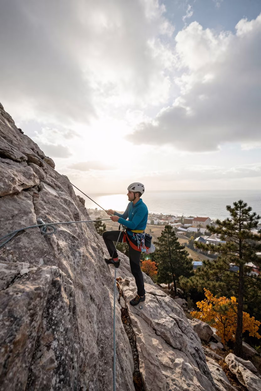 Climber Coils Rope on Mountain Ledge Above Pines in on a mountain path near Amman