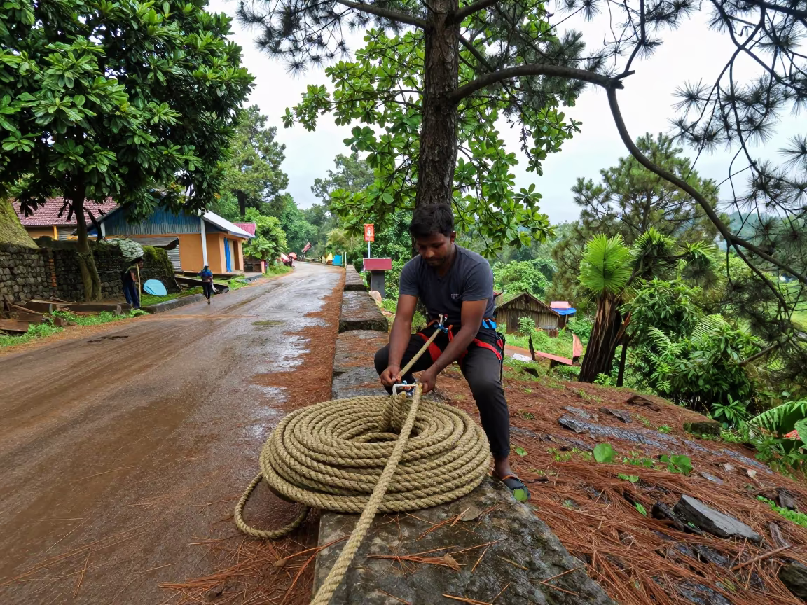 Climber Coils Rope on Sylhet Village Ledge in in a village lane near Sylhet